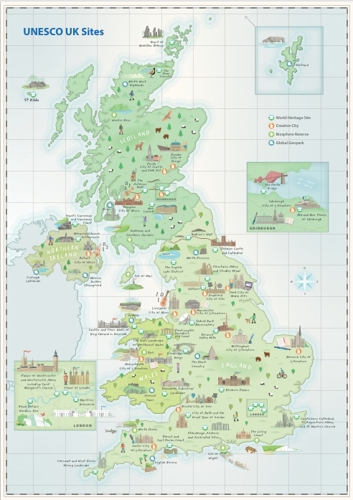 Illustrated map of the UK showing 62 UNESCO sites